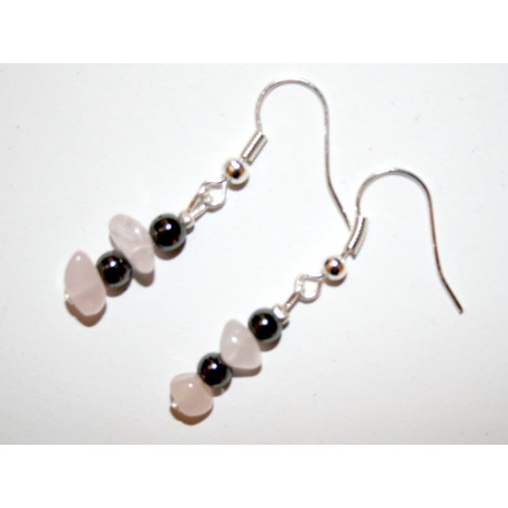 Boucles d'oreilles Quartz rose et Hématite. La paire